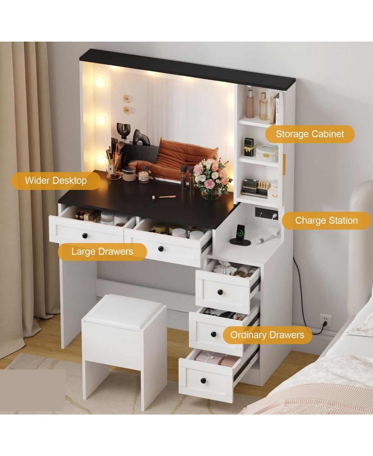 Gaomon Makeup Vanity Desk Lighted Mirror and Cushioned Stool Wooden Dressing Table