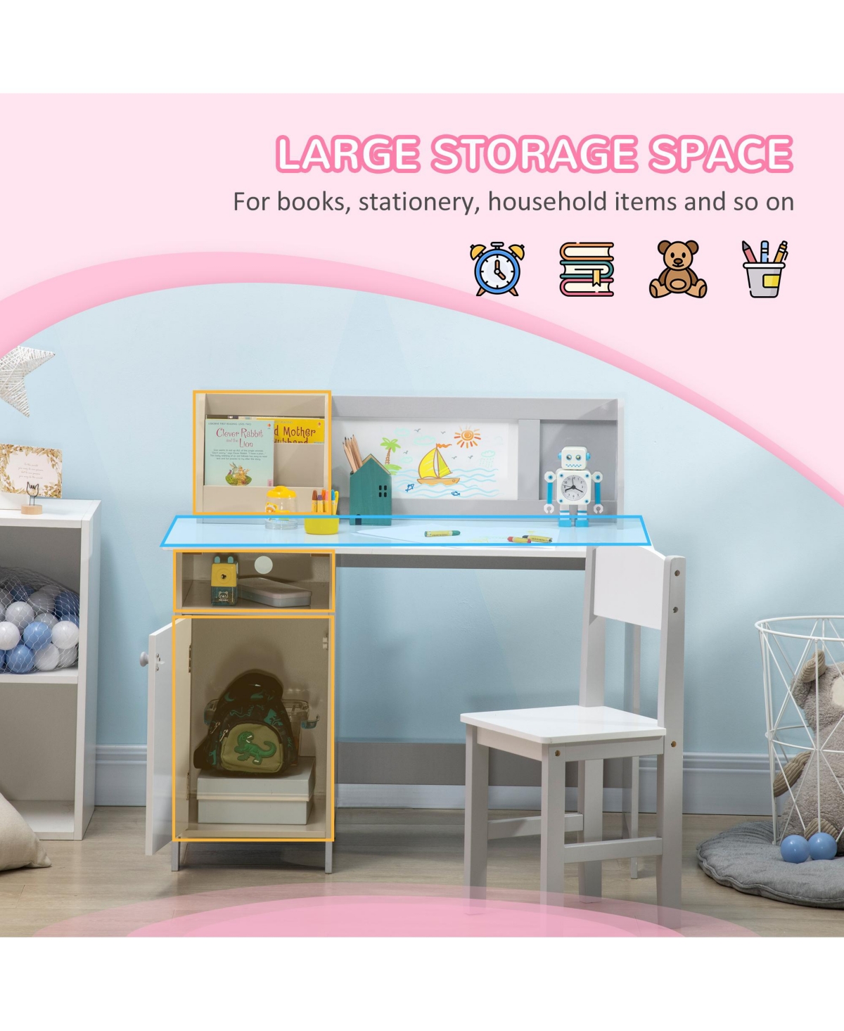 Hongge Toddler Writing Desk and Chair Set with Whiteboard and Storage