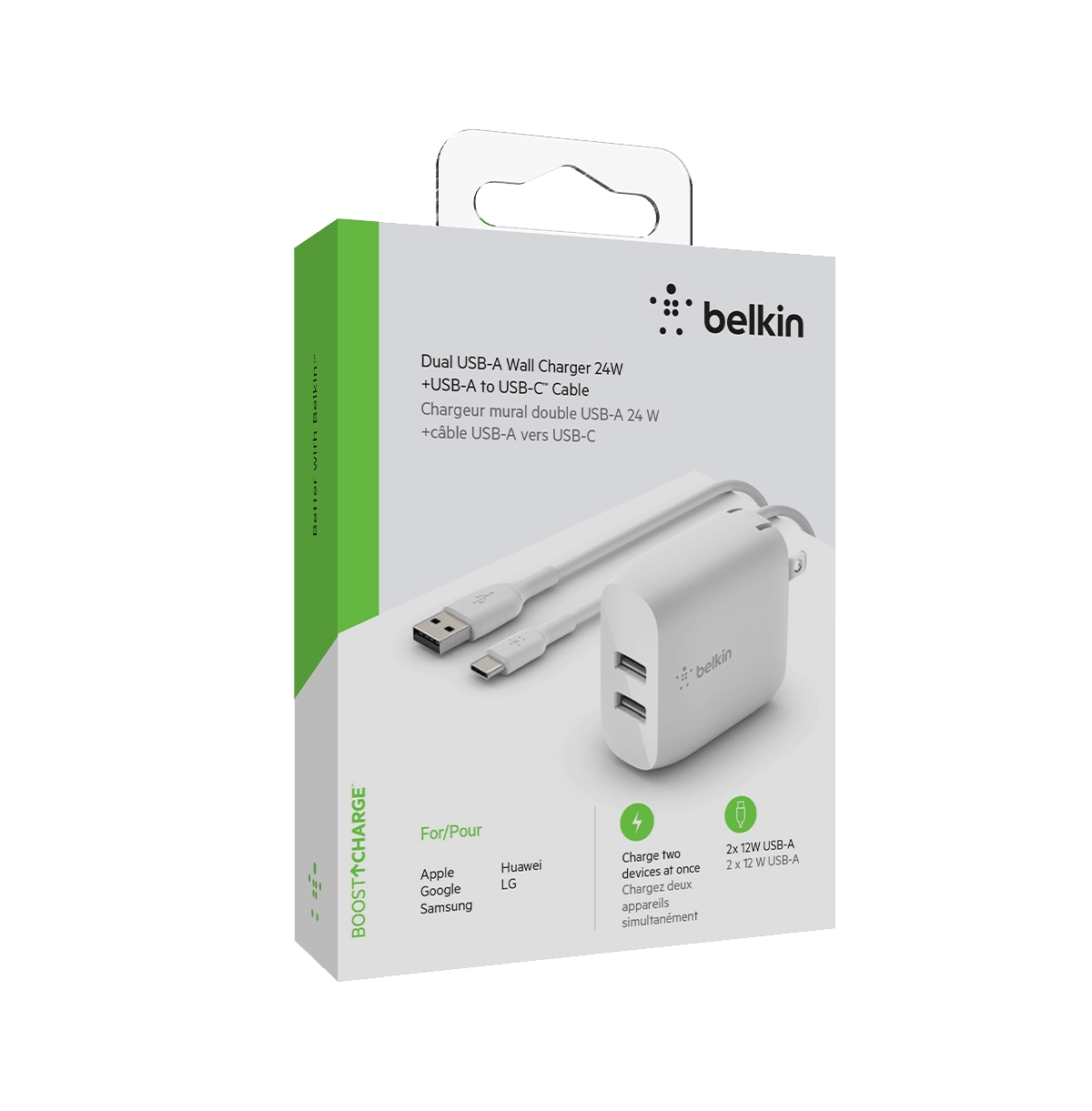 Belkin BoostCharge Dual Usb-a Wall Charger 24W with Usb-a to Usb-c Cable
