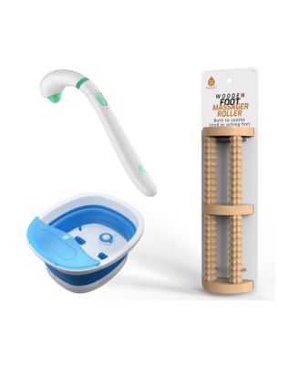 The Ultimate Relaxation Trio: Wooden Foot Massager, Collapsible Wireless Footbath, & Portable Handheld Massager