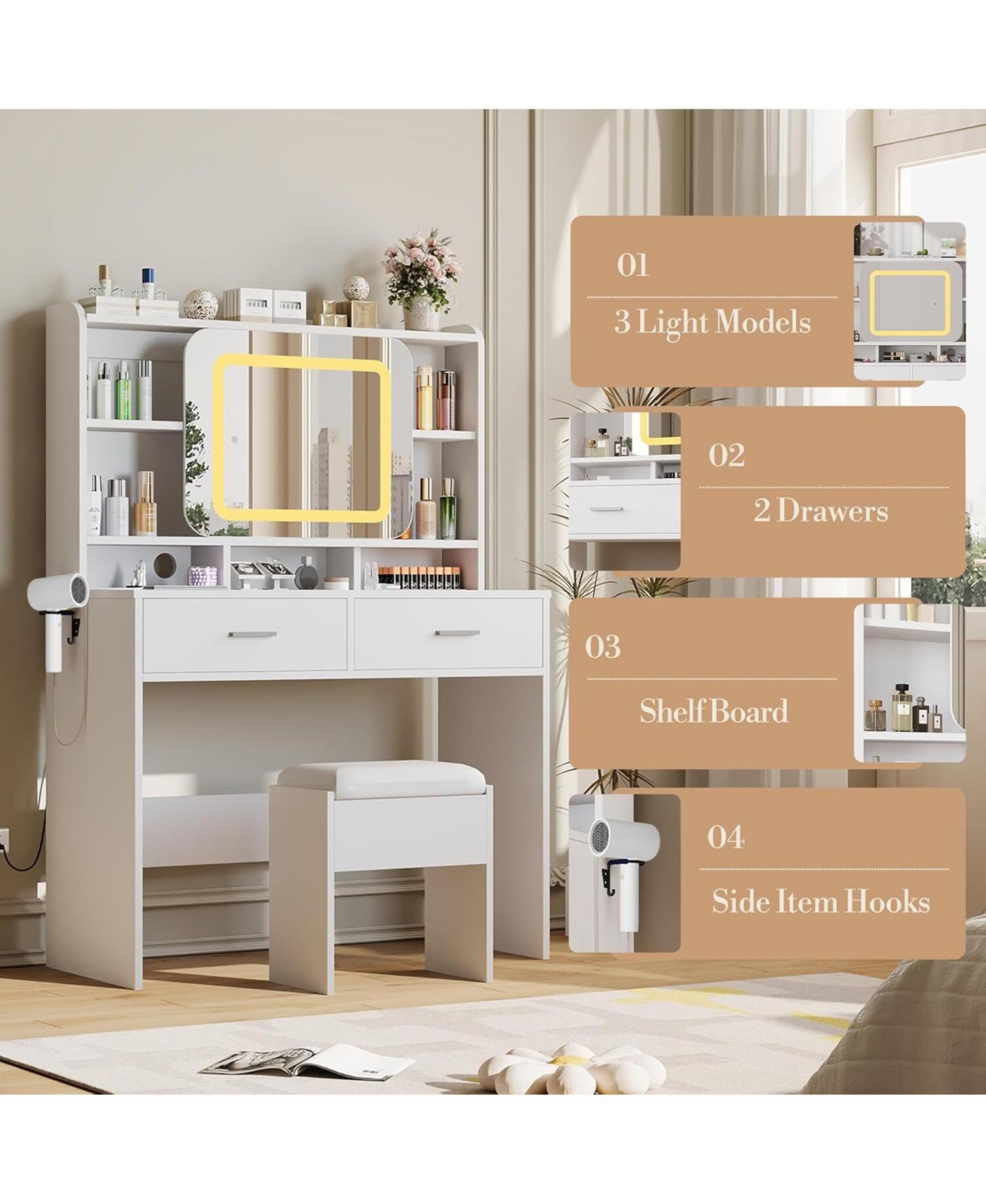 Gaomon White 2-Drawer Vanity Desk, Lighted Makeup Table with Charging Station & Storage Shelves