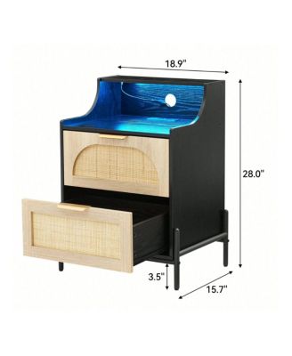 Rattan Nightstand with Charging Station & LED Lights, 2-Drawer Storage Bedside End Table for Bedroom