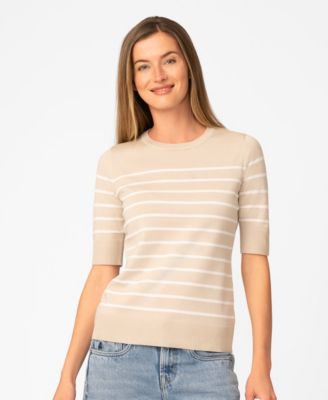 Petite Striped Crew-Neck Elbow-Sleeve Sweater