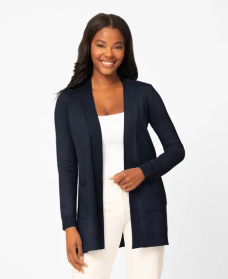 Petite Cable Trim Open Front Cardigan Sweater - Navy Blazer