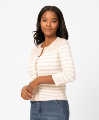 Petite Mixed Stripe Button Crewneck Cardigan Sweater