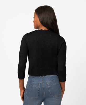 Women's 3/4-Sleeve Scalloped Cropped Cardigan Sweater