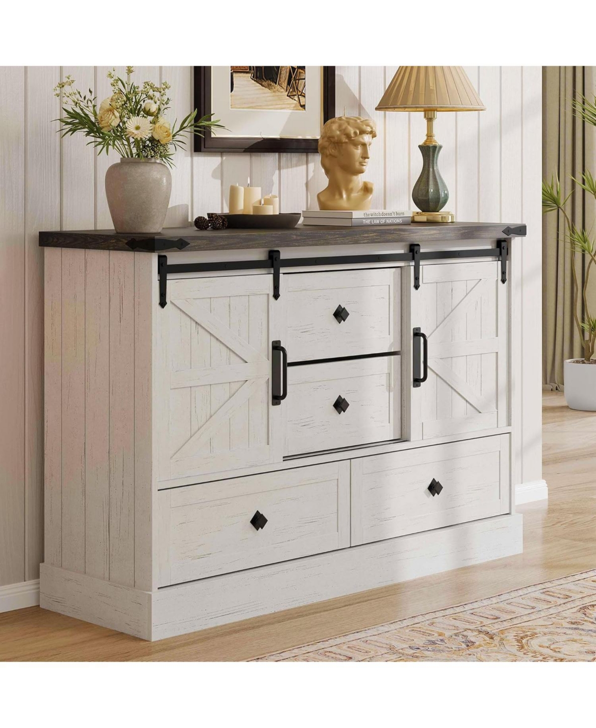 gaomon Farmhouse 4-Drawer Dresser, 45" Wooden Chest with Barn Doors, Rustic Storage Organizer Bedroom Dresser