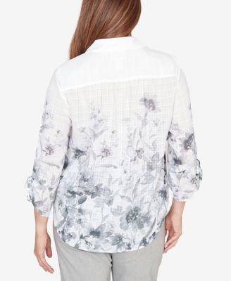 Petite Watercolor Print Button Front Collared Top