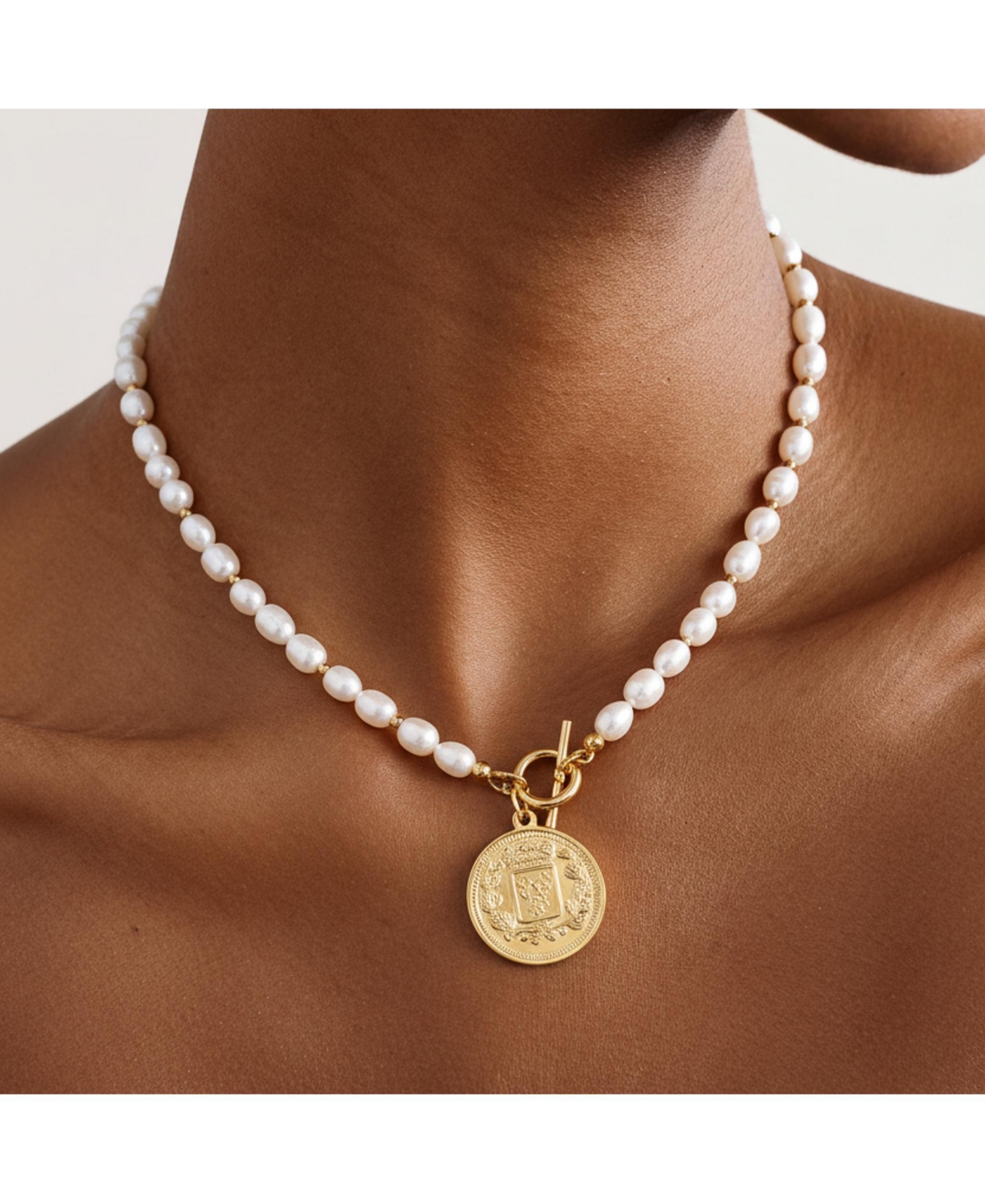 18K Gold Plated Freshwater Pearls with a Coin Pendant - Giorgia Pearl Necklace 17" For Women