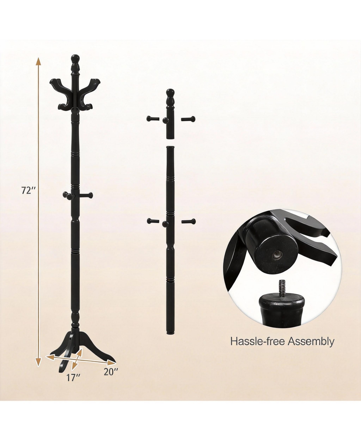 Yigii Adjustable Height Coat Rack with 11 Hooks, Solid Rubber Wood