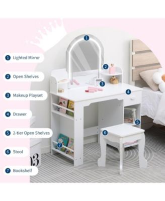 2-in-1 Kids Vanity Set, Lighted Mirror Table with Stool & Storage Bookshelf