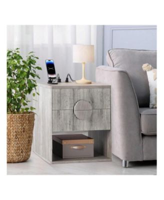 Set of 2 Modern Farmhouse Fluted Nightstands, 2-Drawer Side Table with USB Charging Station