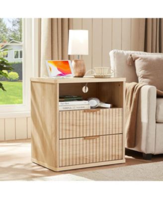 23 Inch Fluted Farmhouse Nightstand, 2-Drawer End Table with USB Charging Station for Bedroom