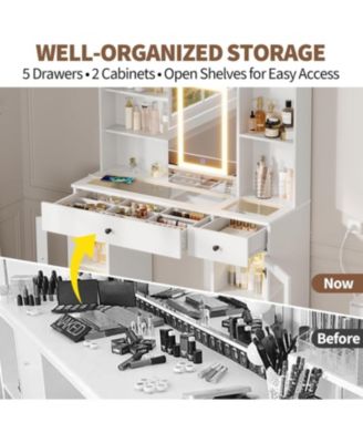 3-Color LED Vanity Desk, Makeup Dressing Table with Space-Saving Sliding Mirror