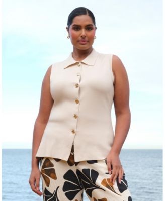 women's plus size Leya Collared Sleeveless Button-Front Fitted Knit Top