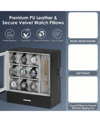 9-Slot Vertical Watch Case for Men with Necklace Display and 3-Tier Drawer