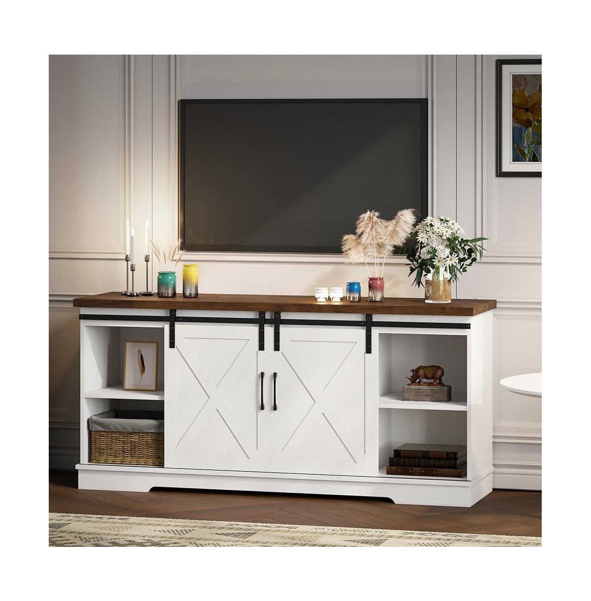 gaomon Farmhouse Tv Stand, Entertainment Center for 65 Inch Media Console Table, Barn Door Stand with Storage