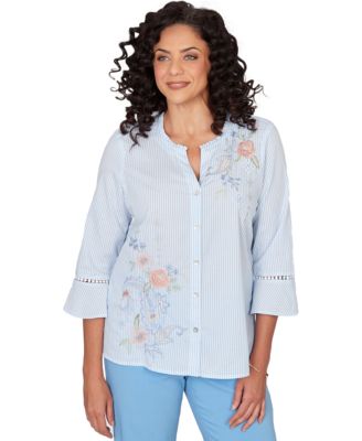 Petite Striped Floral Embroidered Button-Down Top