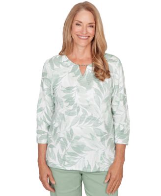 Petite Monotone Leaf Print Split Neck Top