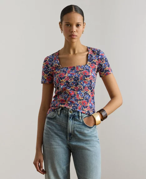 Petite Floral Cotton Jersey Square-Neck Top - Cream/Red/Blue