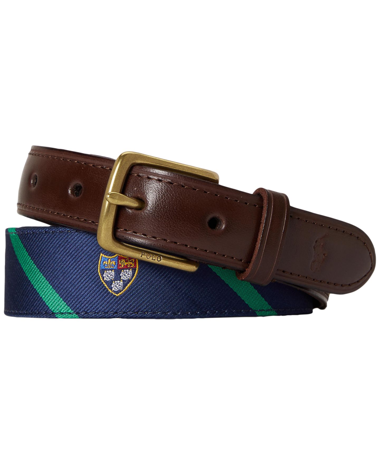 Мужской ремень Polo Ralph Lauren Leather-Trim Silk Jacquard Belt, цвет: Синий — фото 1