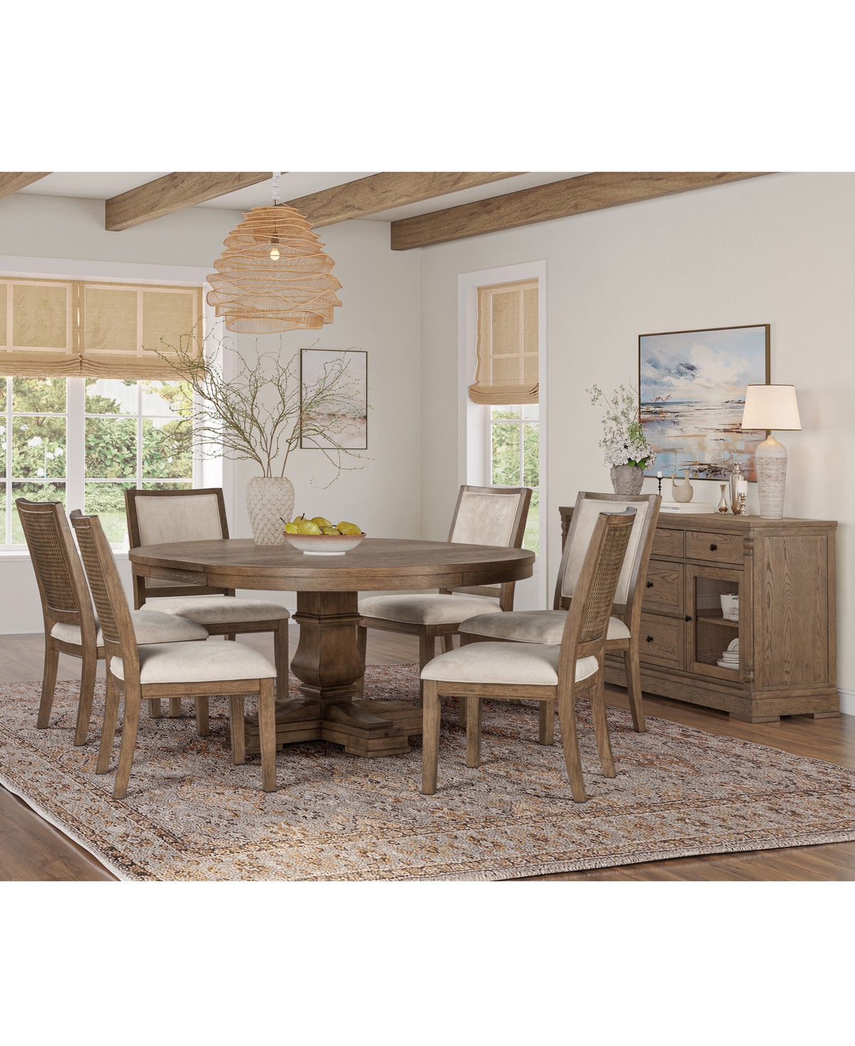 Furniture Alverton 7-Pc. Wood Round Table and 6 Upholstered Side Chairs Dining Set