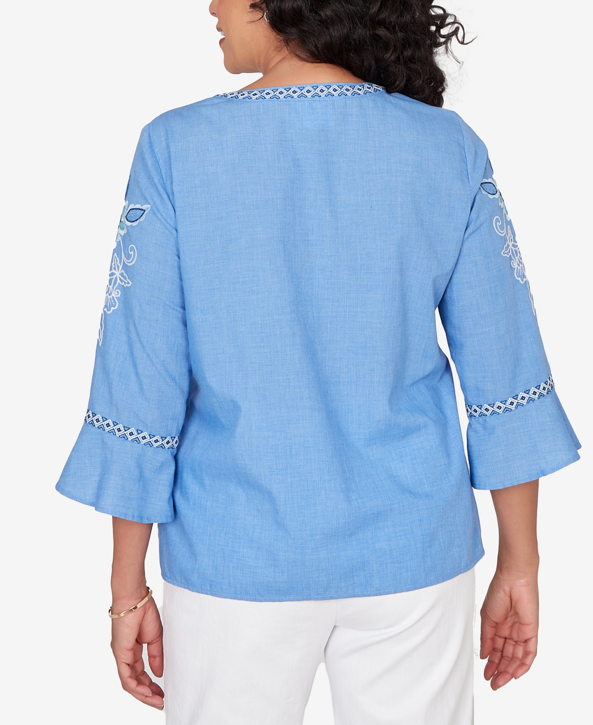 Alfred Dunner Petite Mykonos Floral Textured Embroidered Split Neck Top