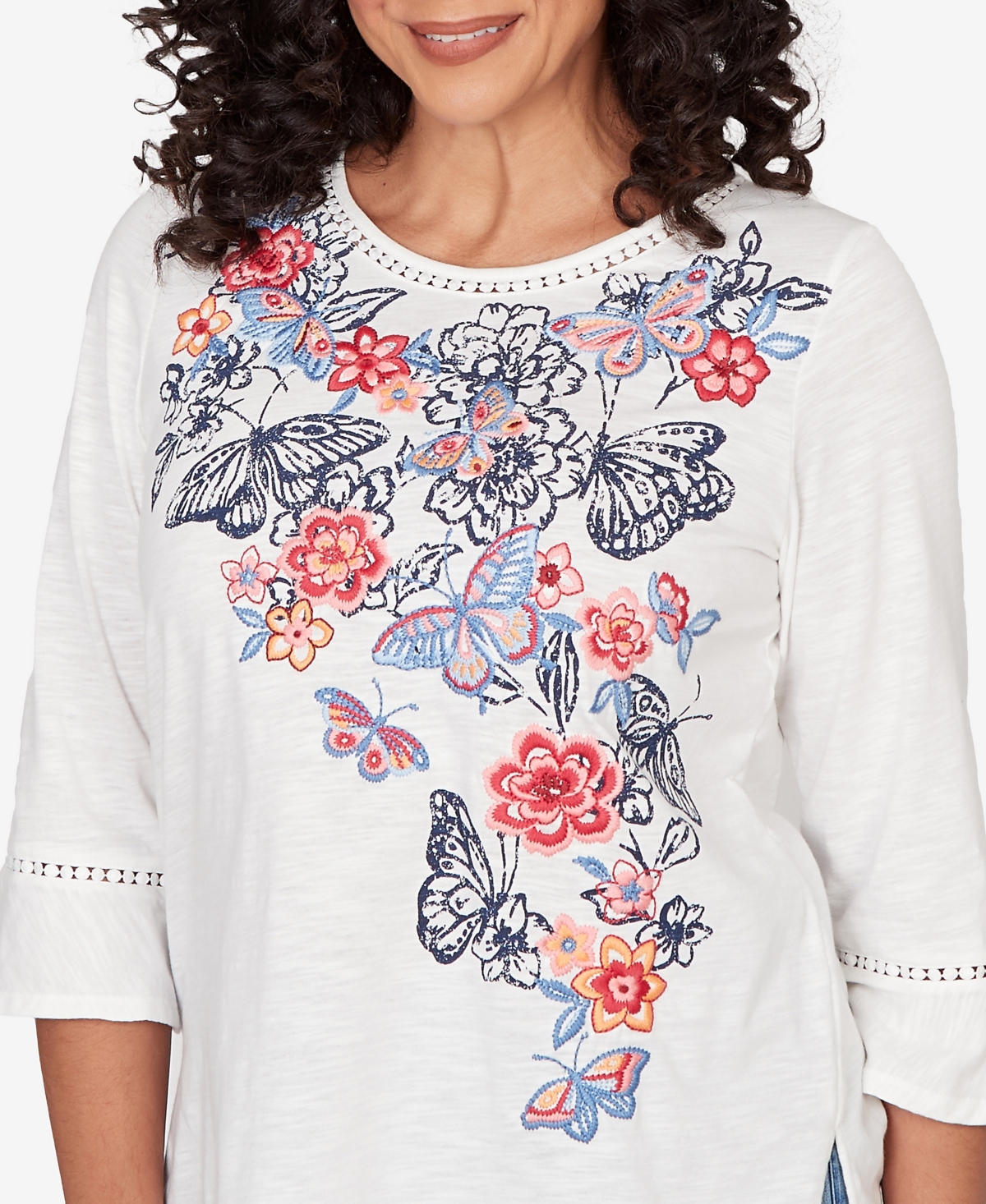 Alfred Dunner Petite Austin Embroidered Butterfly Crew Neck Knit Top