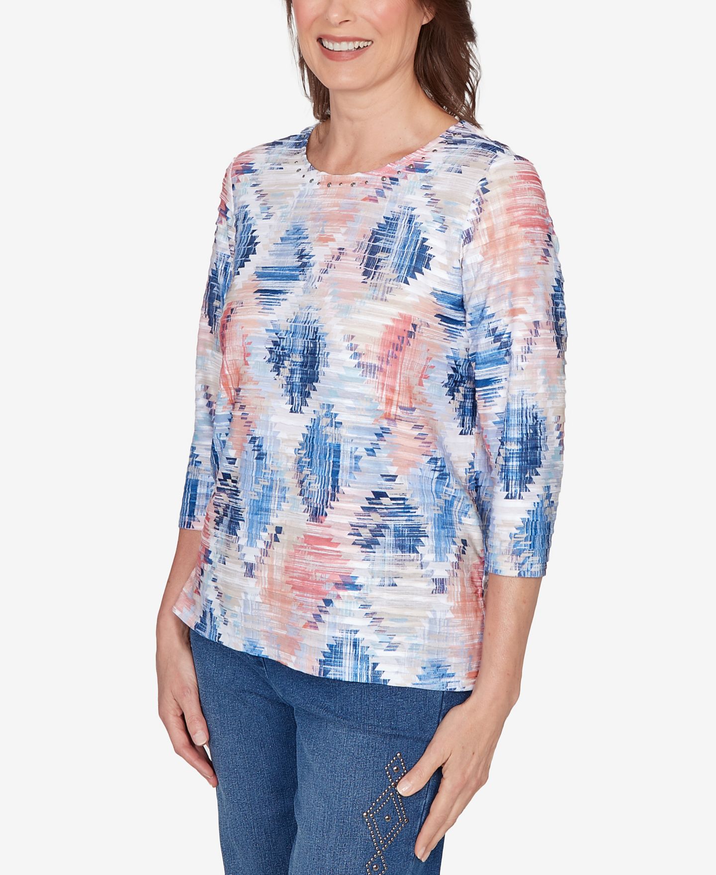 Женский топ Alfred Dunner Petite Austin Aztec Diamond Knit, цвет: Синий разноцветный — фото 2