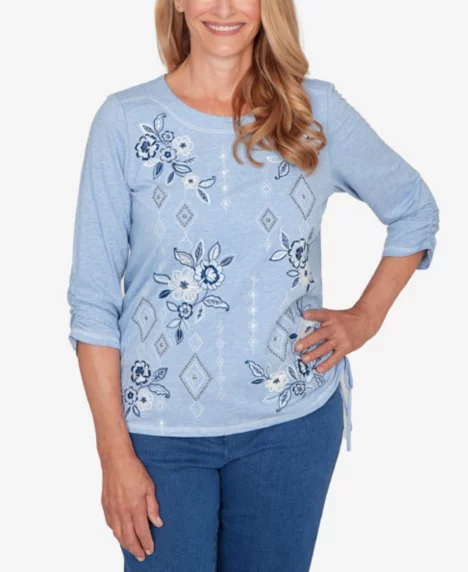 Petite Austin Floral Diamond Embroidered Knit Top - Light Blue Heather