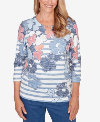 Petite Austin Stripe Floral Split Neck Knit Top