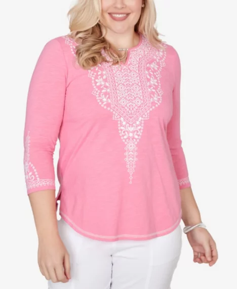 Petite The Royal Treatment Embroidered Split Neck Three Quarter Sleeve Top - Pink Multi
