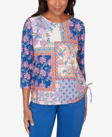 Petite The Royal Treatment Geometric Floral Tie Ruched Top - Blue Multi