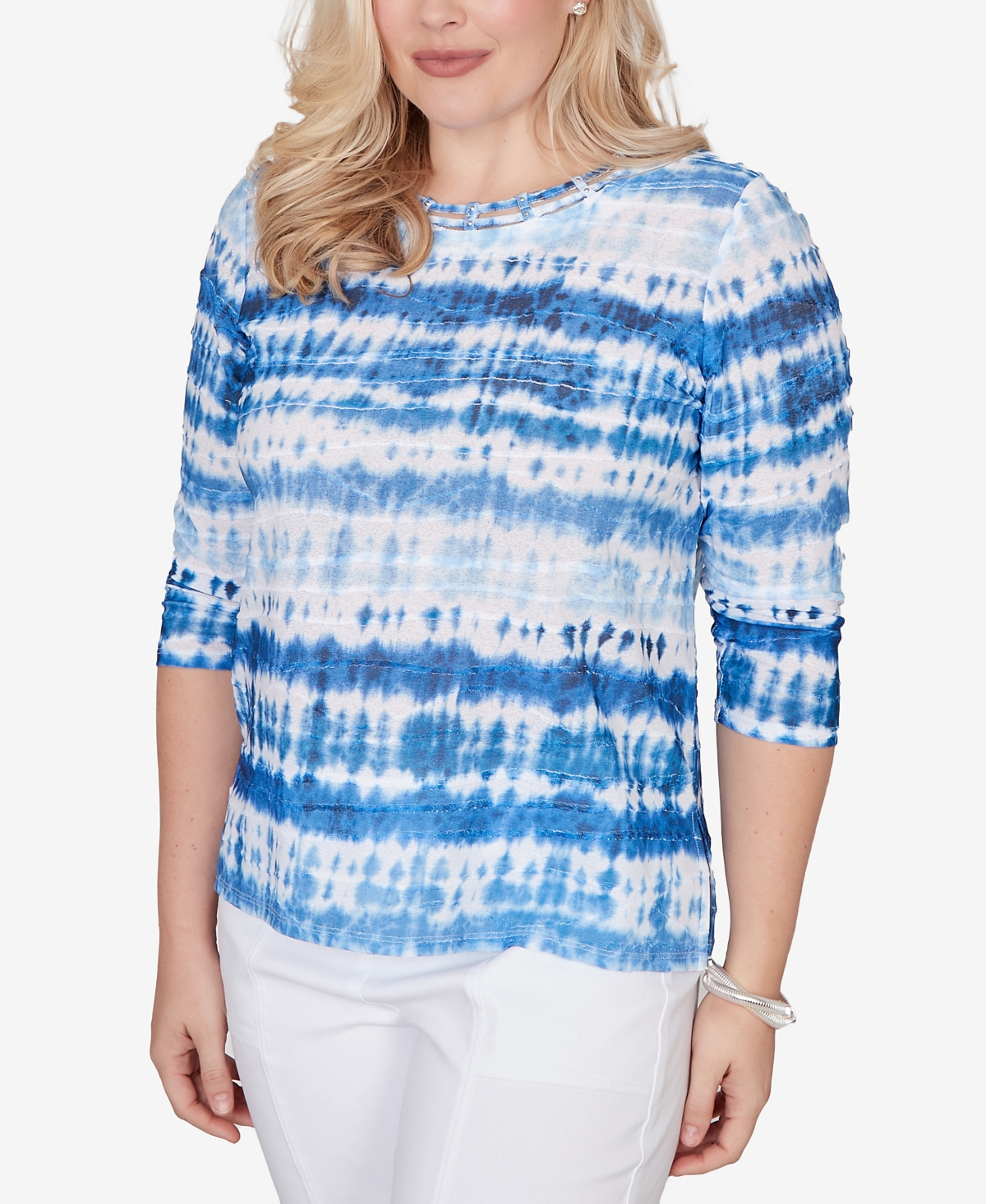 Alfred Dunner Petite The Royal Treatment Tie Dye Biadere Knotted Crew Neck Top