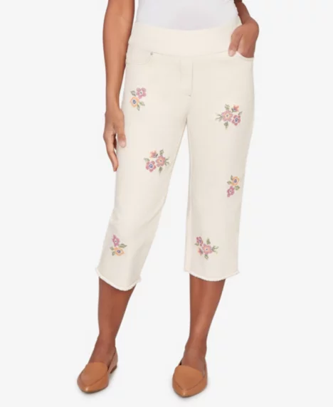 Petite Beachcomber Floral Cross Stitch Super Stretch Denim Capri - Natural