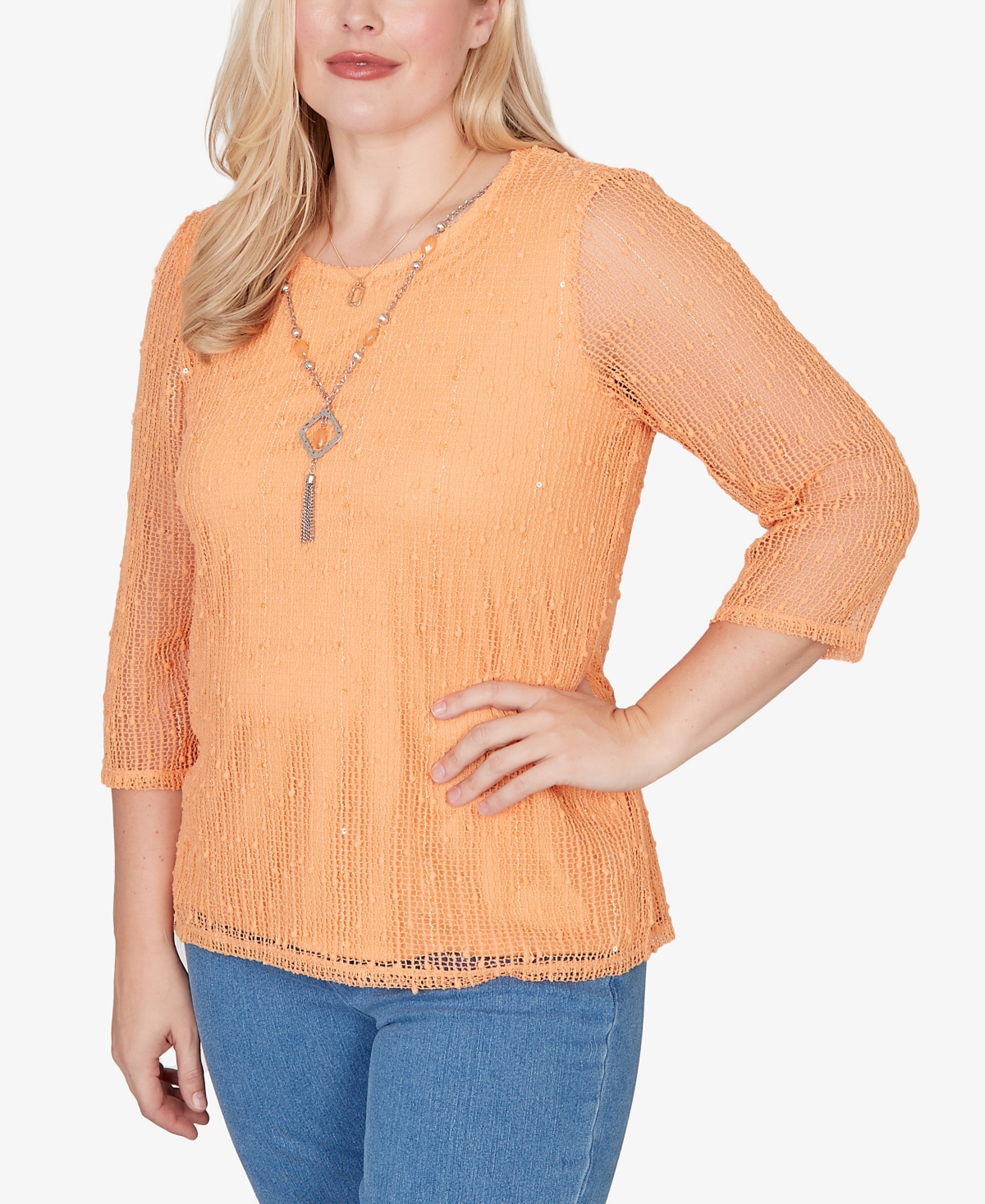 Alfred Dunner Petite Beachcomber Bright Popcorn Mesh Top with Necklace
