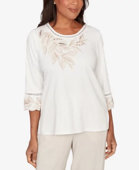 Petite Natural Wonder Embellished Leaf Ruffle Sleeve Top - White