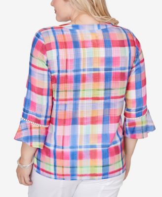 Petite The Royal Treatment Watercolor Split Neck Bell Sleeve Top