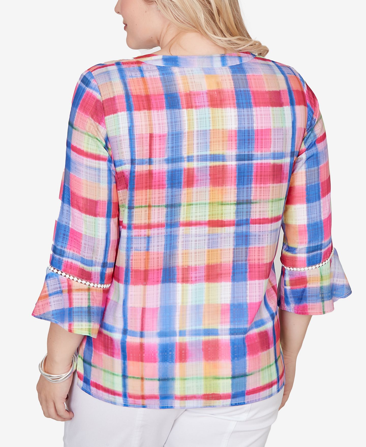 Женский топ Alfred Dunner Petite The Royal Treatment Watercolor Split Neck Bell Sleeve, цвет: Розовый разноцветный — фото 5