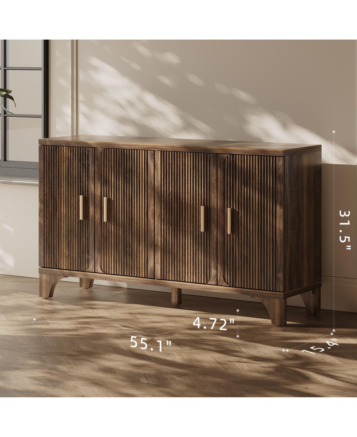 Sugift 55" Mid Century Modern Fluted Buffet Cabinet with Storage 4 Door Wood Sideboard Credenza for Kitchen Living Room