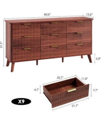 Fluted Dresser for Bedroom with 9 Deep Drawers, 60.6 in Wide Modern Chest of Drawers, Wooden Dresser TV Stand