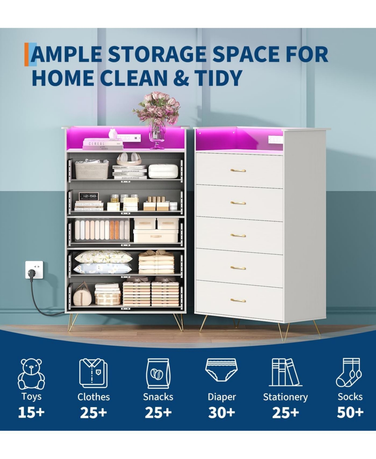gaomon Modern 5-Drawer Tall Dresser for Bedroom, Wood Chest of Drawers with Silent Closing Slides, Water-Resistant White Storage Organizer