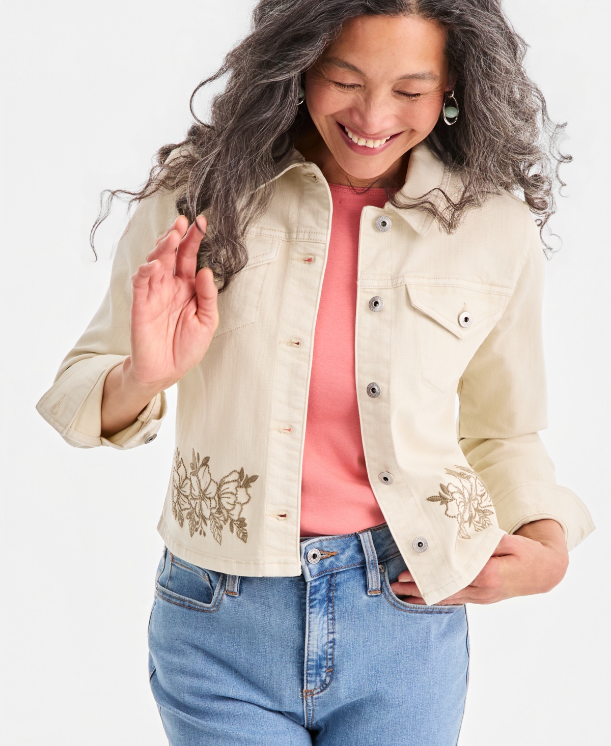 Style & Co Petite Cropped Embroidered Denim Collared Jacket, Macy's Exclusive