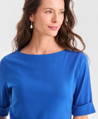 Women's Boat-Neck Elbow Sleeve Cotton Top