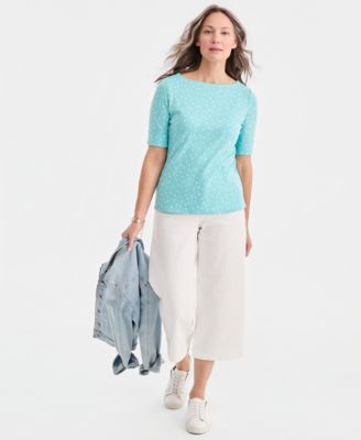 Women's Printed Boat-Neck Elbow-Sleeve Top