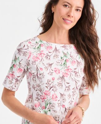 Women's Printed Boat-Neck Elbow-Sleeve Top