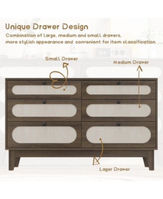 Coffee Brown Rattan 6-Drawer Dresser, Oak Storage Cabinet for Bedroom, Entryway, Closet & Living Room