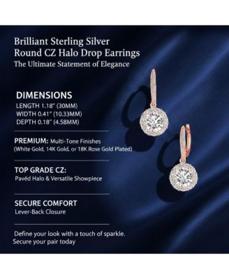 Brilliant Sterling Silver Round CZ Haloed Solitaire Drop Earrings
