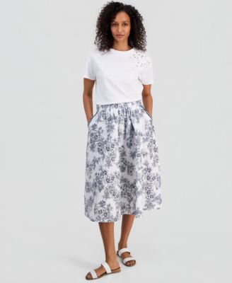 Women's Cotton Toile Elastic-Waist Midi Skirt