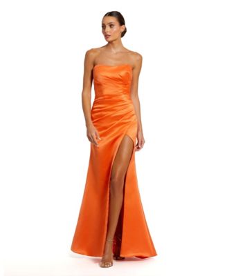Women's Strapless Gathered High Slit Gown